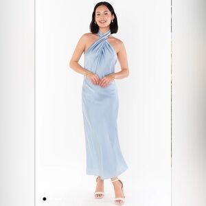 Show Me Your MuMu Jasmine Midi Halter Dress in Steel Blue Luxe Satin - size L
